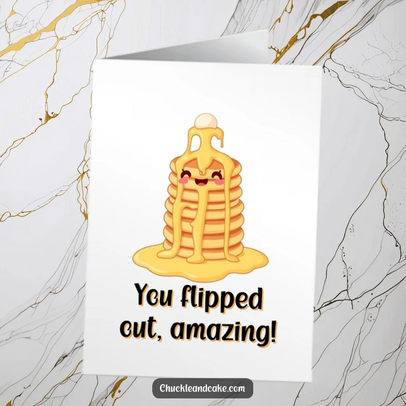 Funny free printable congratulations card: Excited pancake stack enjoying a smooth slide down a syrup waterfall, marking a sweet victory.