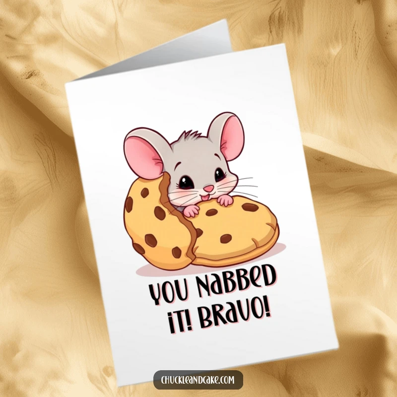 Funny free printable congratulations card: A sneaky mouse attempting to pilfer a massive cookie, capturing a moment of delicious mischief.