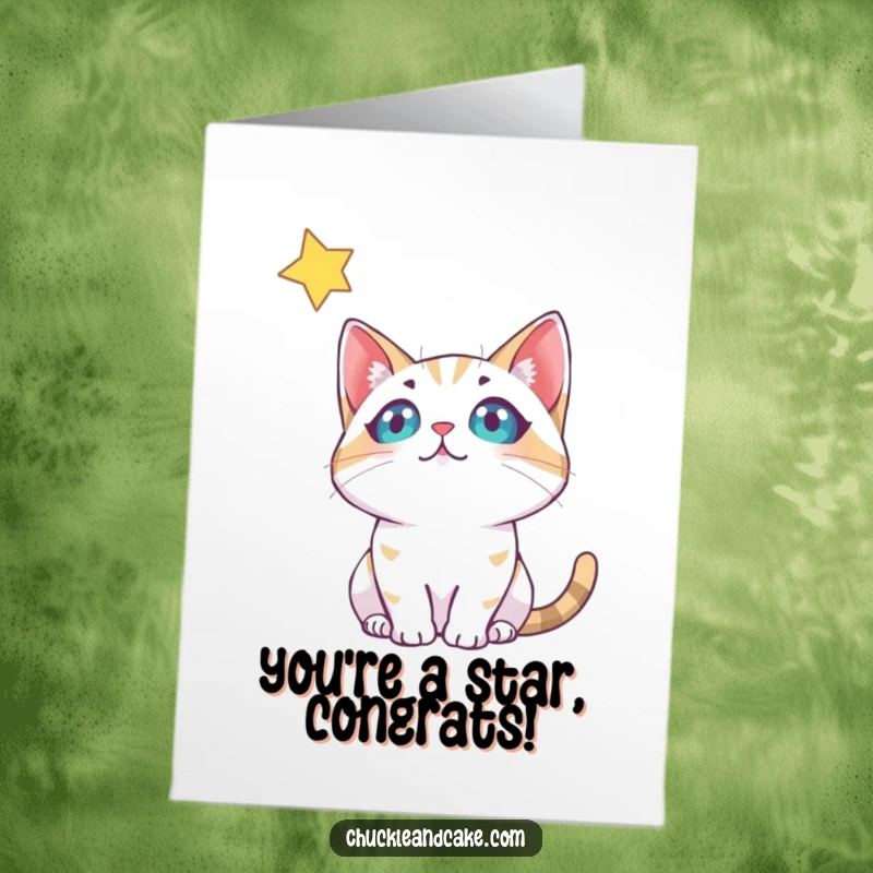Funny free printable congratulations card showing a curious bobtail cat looking up at a shining star in awe.