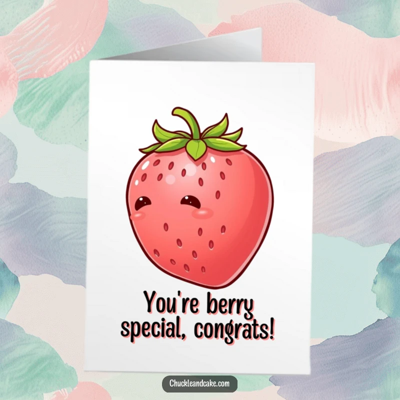 Funny Free Printable Congratulations Card showing a strawberry with leaves giggling uncontrollably in celebration.