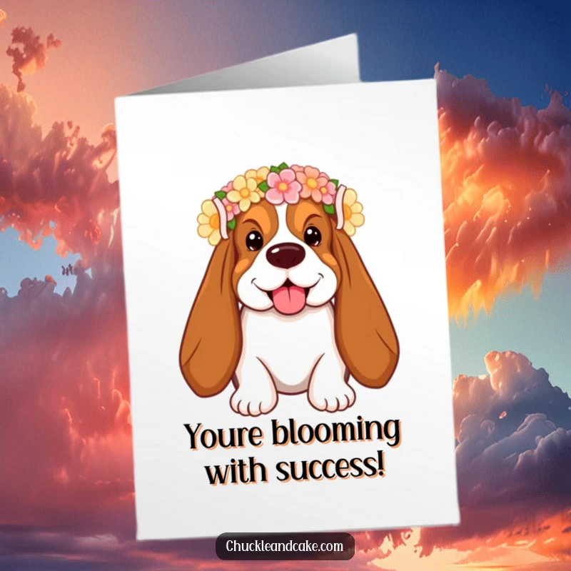 Funny Free Printable Congrats Card: A smiling Basset Hound in a flower crown celebrates your success.