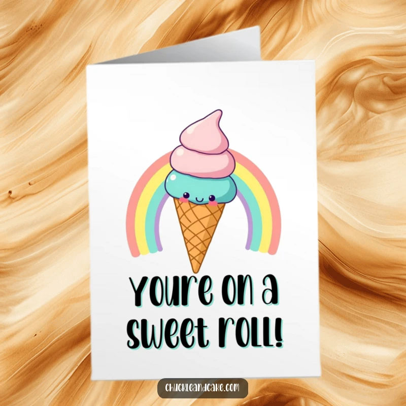 Funny Free Printable Congrats Card: A cheerful ice cream cone slides down a bright rainbow, symbolizing a sweet victory.