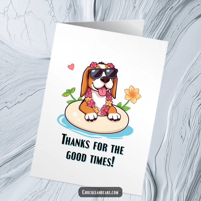 Funny Free Printable Thank You Card: A happy Basset Hound in sunglasses and lei, relaxing on a float, sending thanks.