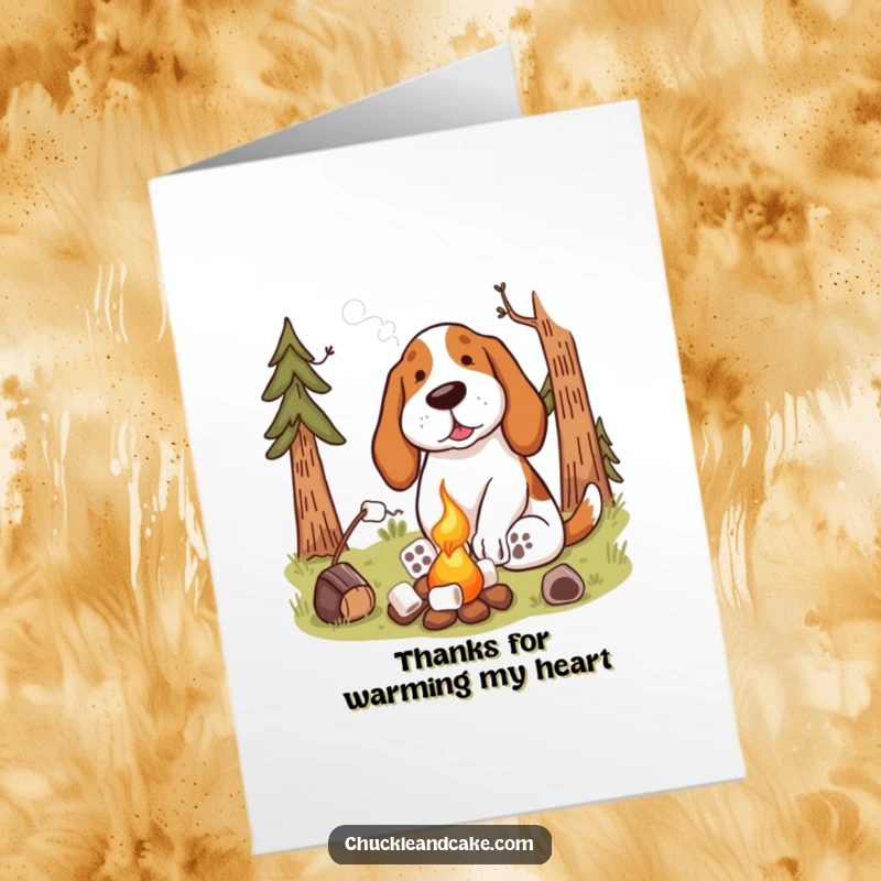 Funny Free Printable Thank You Card: A Basset Hound contentedly toasts a marshmallow by a gentle campfire.