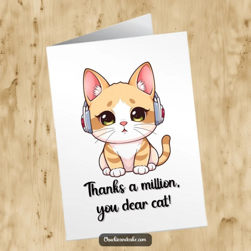 Funny Free Printable Thank You Card: Bobtail cat in ear warmers listens intently, ready to receive your thanks.