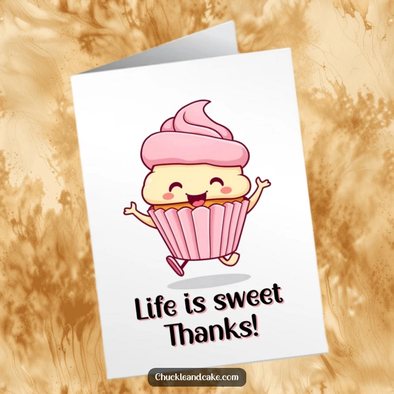 Funny free printable thank you card of a smiling cupcake wearing a frosting hat, skipping joyfully to express thanks.