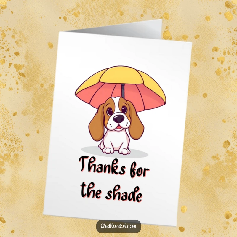 Funny Free Printable Thank You Card: A Basset Hound peeks from behind a beach umbrella, sending a delightful thank you from the coast.