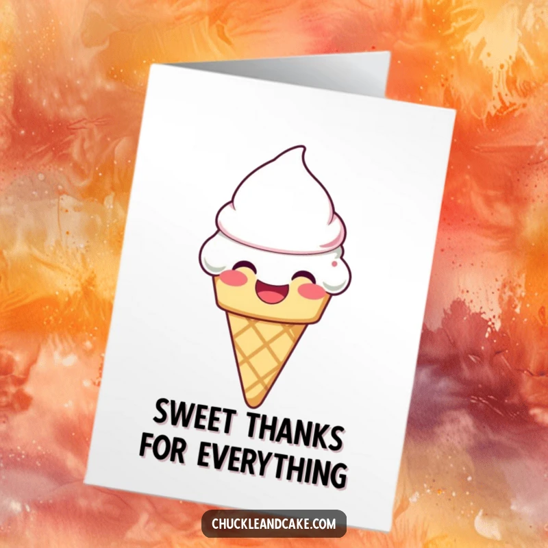 Funny Free Printable Thank You Card: A laughing ice cream cone with frosting melting, conveying sweet gratitude.