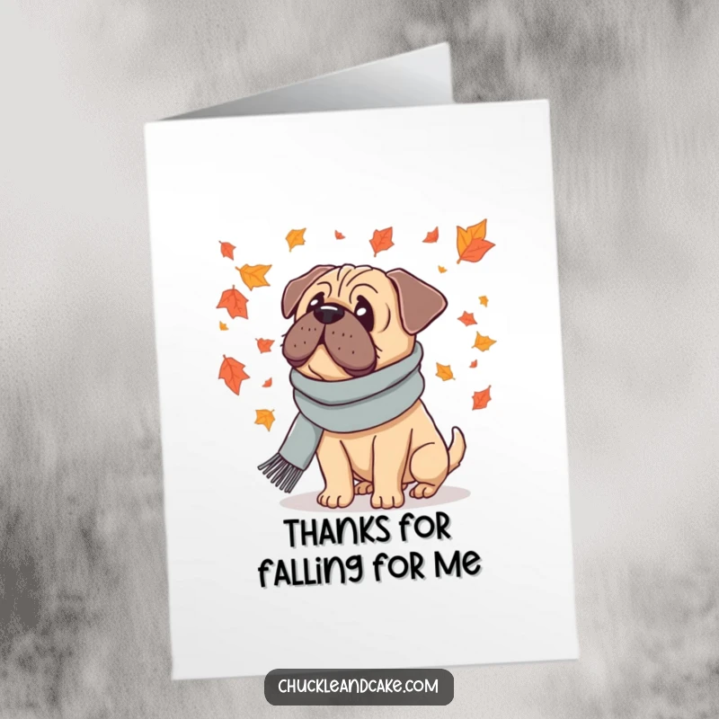 Funny Free Printable Thank You Card: A Bullmastiff in a scarf observes falling leaves, conveying heartfelt autumn thanks.