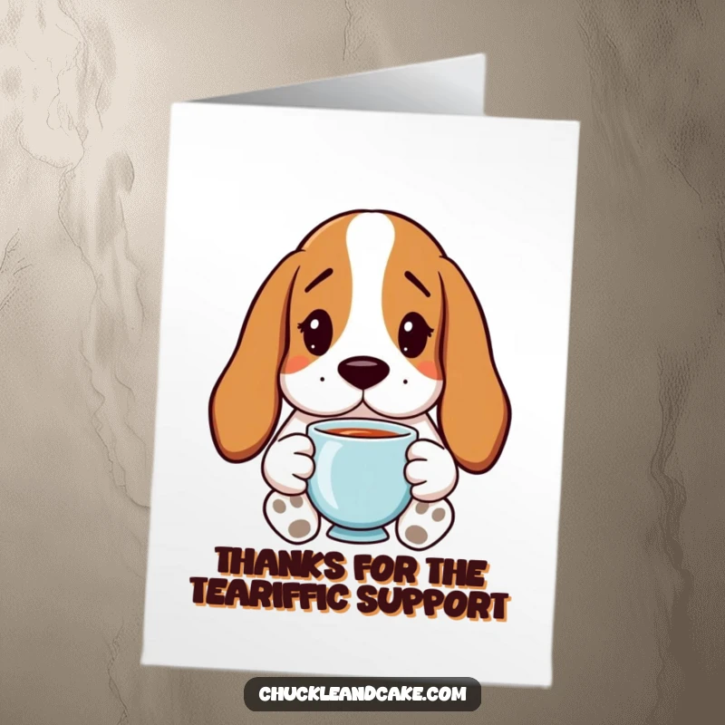 Funny Free Printable Thank You Card: A droopy-eared Basset Hound politely holds a cup of tea.