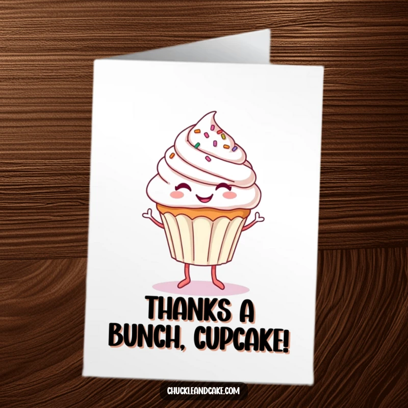 Funny Free Printable Thank You Card: A smiling cupcake with sprinkles and legs dancing happily, perfect for saying thanks. Get yours!