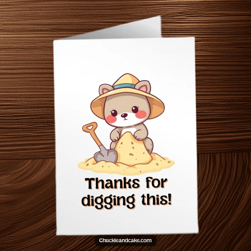 Funny Free Printable Thank You Card: Animal in a sun hat diligently building a sandcastle with a shovel, expressing thanks.