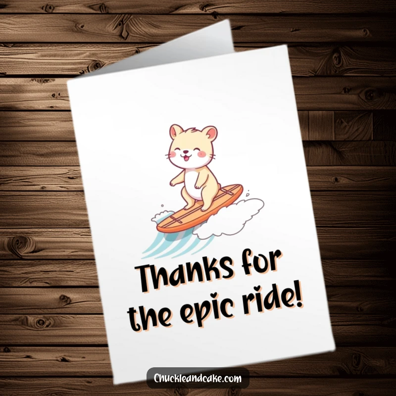 Funny Free Printable Thank You Card: Animal cheerfully surfing a wave on a mini surfboard, sending thanks with a big smile.