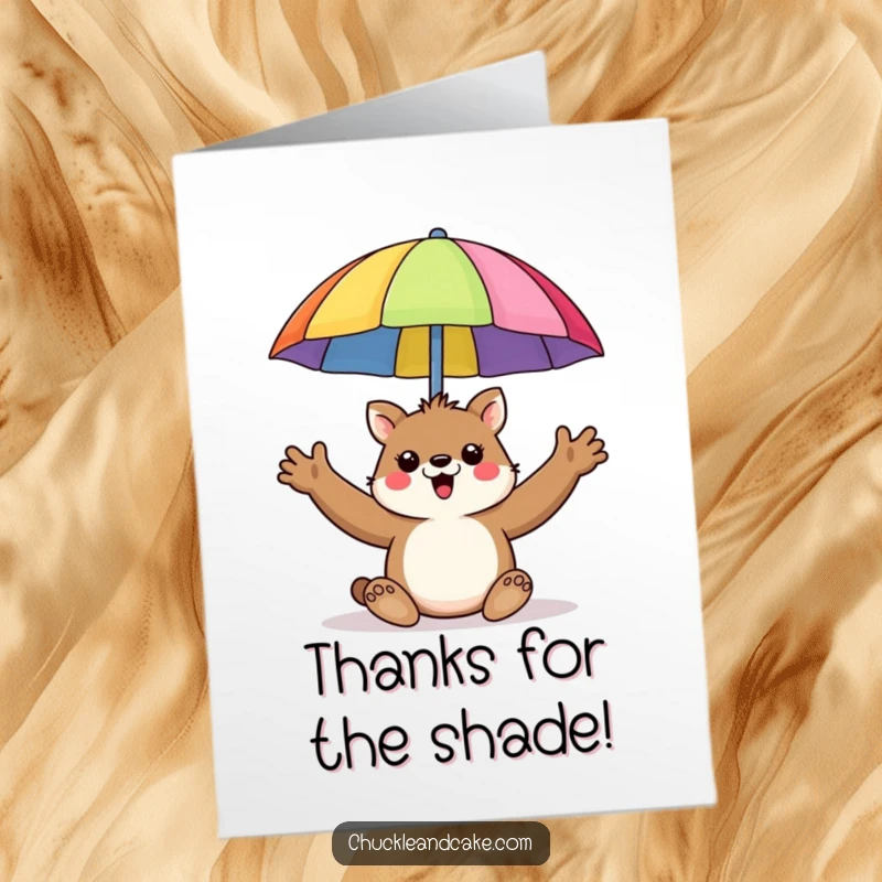 Funny Free Printable Thank You Card: Animal holding a colorful beach umbrella, gratefully offering shade and thanks.