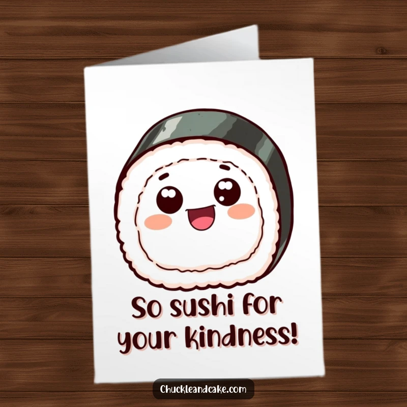 Funny Free Printable Thank You Card: A cheerful sushi slice with googly eyes skipping with joy, perfect for thanks. Instant download!
