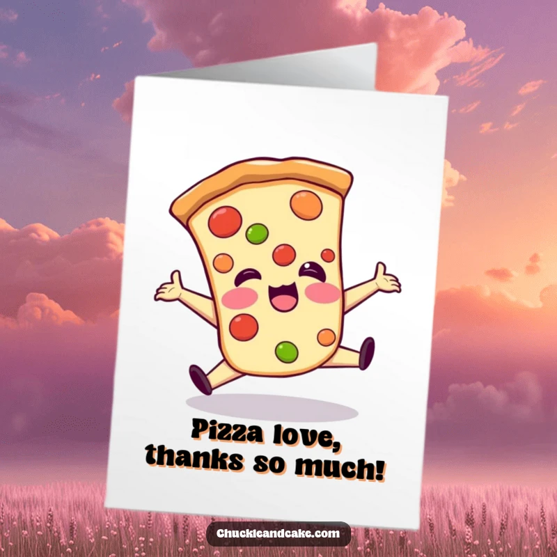 Funny Free Printable Thank You Card: A giggling pizza slice in a clumsy split. Thanks a pizza my heart!