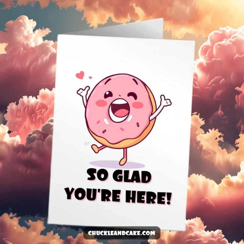 Funny Free Printable Thank You Card: a happy donut character engaged in a fun, silly dance, conveying heartfelt thanks.