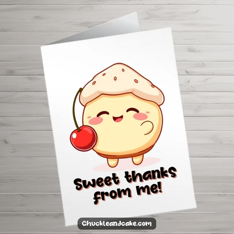 Funny Free Printable Thank You Card: A giggling, plump muffin with rosy cheeks bouncing a cherry, expressing thanks.