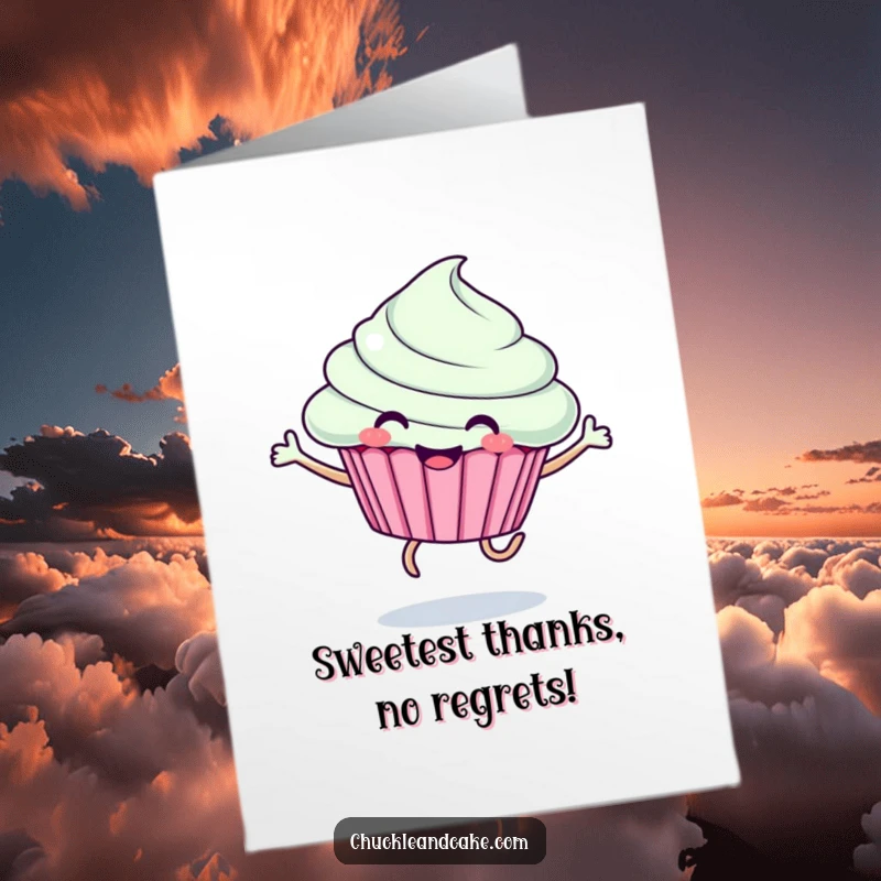 Funny Free Printable Thank You Card depicting a smiling cupcake with legs, mid-air jump, conveying energetic appreciation.