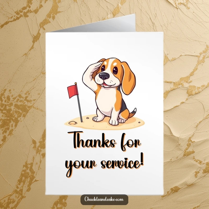 Funny Free Printable Thank You Card: A Basset Hound stands at attention, saluting with a small flag on the beach.