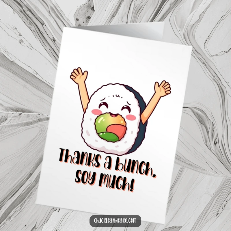 Funny Free Printable Thank You Card of a delighted sushi roll, arms soaring upwards in a joyful thank you gesture.