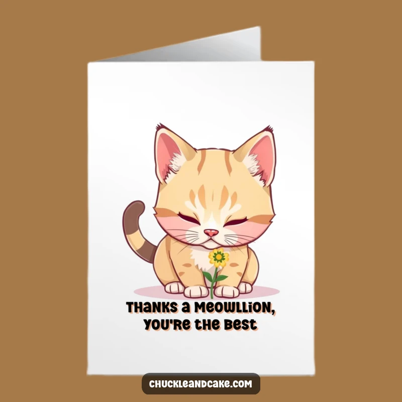 Free Printable Thank You Card: Adorable Bobtail Cat Sniffing Flower, Downloadable