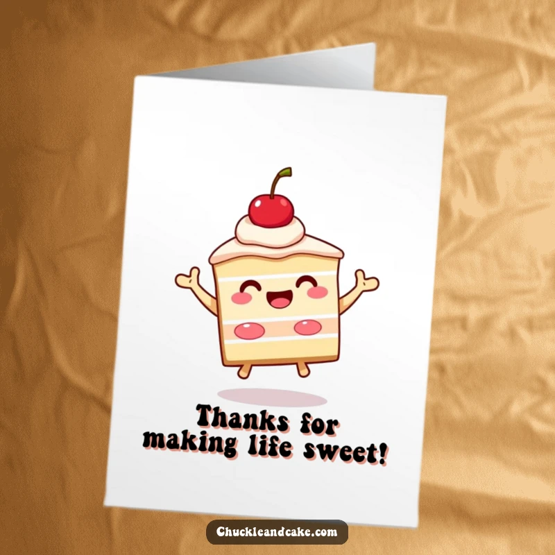 Funny Free Printable Thank You Card: a beaming cake slice with cherry on top is jumping.