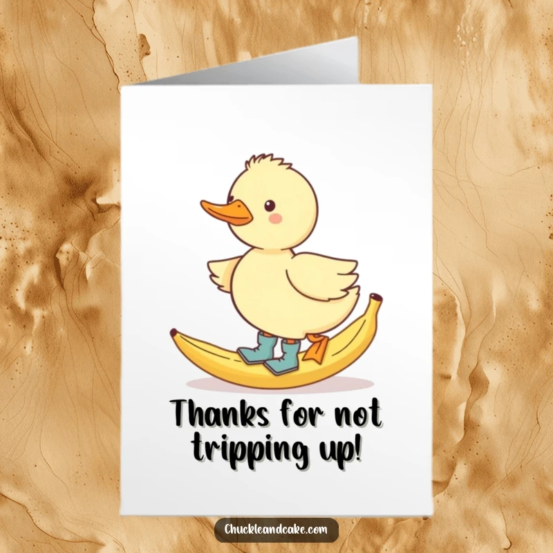 Funny Free Printable Thank You Card: A duck in boots comically slips on a banana peel, offering a humorous thank you.