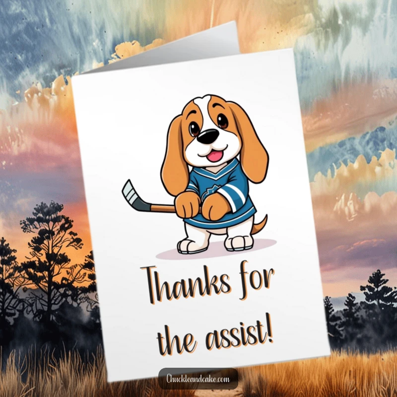 Funny Free Printable Thank You Card: Basset Hound in hockey jersey offers thanks with a tiny stick.