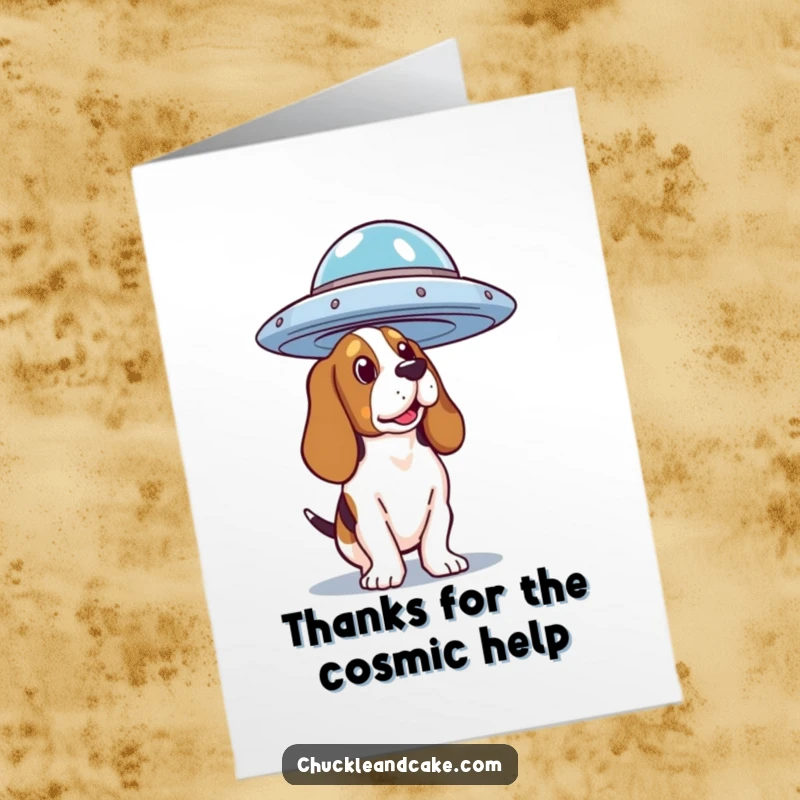 Funny Free Printable Thank You Card: Basset Hound looks up inquisitively at a bizarre flying saucer overhead.