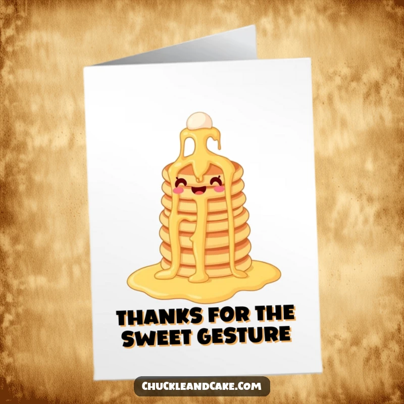 Funny free printable thank you card: Happy pancake stack enthusiastically sliding down a syrup waterfall, conveying gratitude with a sweet twist.