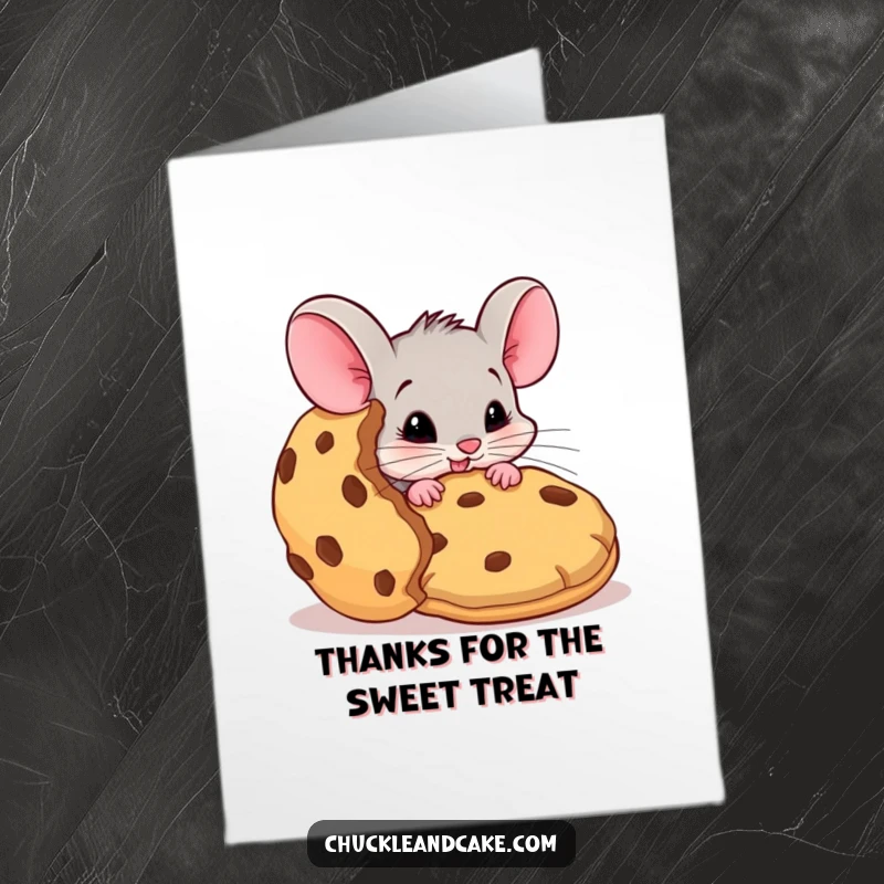 Funny free printable thank you card: A comical mouse caught red-pawed with a giant cookie, a sweet and humorous thank you note.