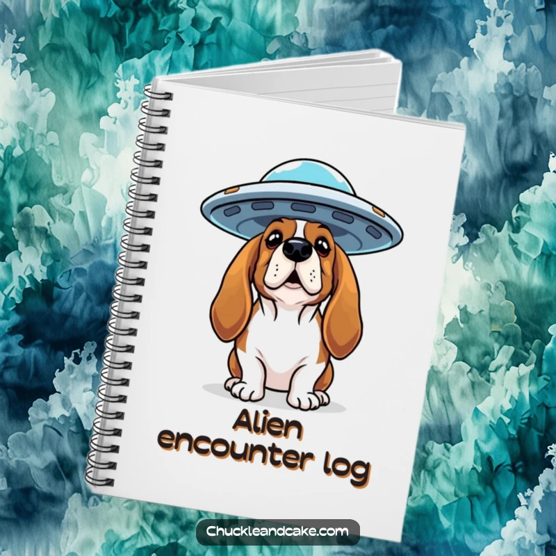 Funny Basset Hound notebook featuring a curious dog looking up at a flying saucer, perfect for mystery notes.