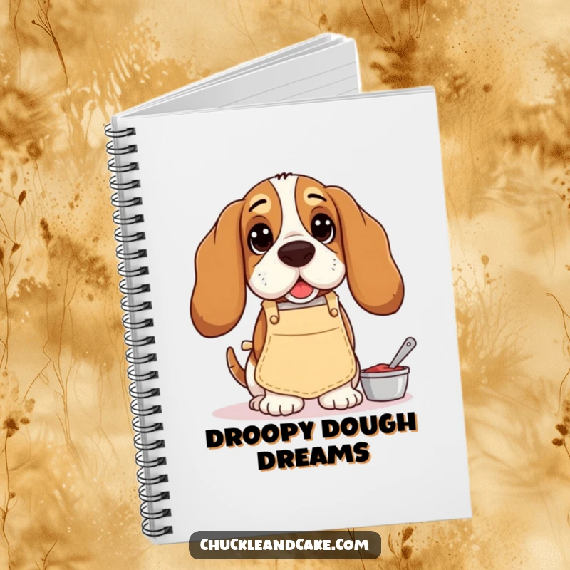 Funny Basset Hound notebook, cover shows a droopy-eared dog in an apron, humorously baking, perfect for creative writing.