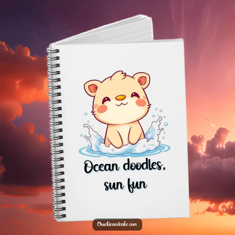 Funny notebook cover art of an animal with sunscreen on its nose, playfully splashing in ocean waves.