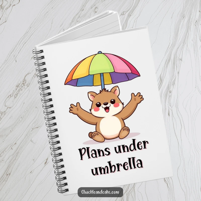 Funny notebook cover art of an animal enthusiastically holding up a colorful beach umbrella.
