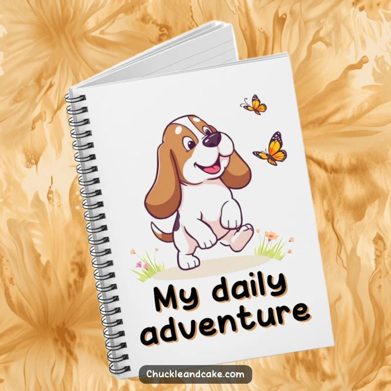 Funny Basset Hound with droopy ears chasing a butterfly, humorous dog notebook, droopy ears charm, useful and funny gift.