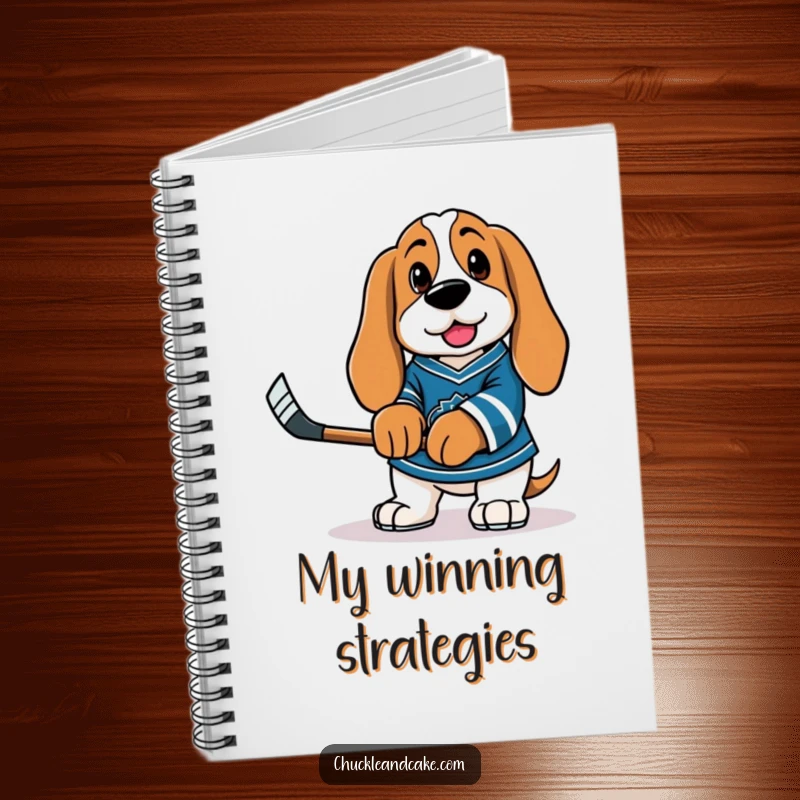 Funny Basset Hound in a hockey jersey, holding a tiny stick on the cover of this sports-themed notebook.