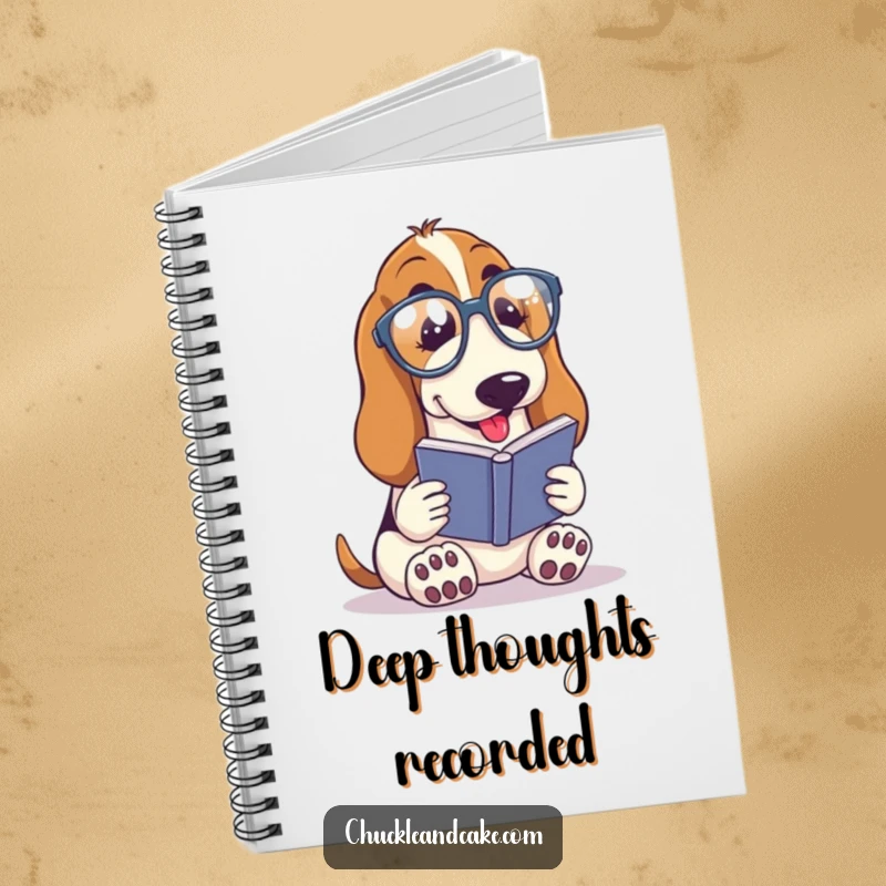 Funny Basset Hound with droopy ears wearing spectacles, reading a tiny book, intellectual dog notebook, humorous bookworm journal, useful funny gift.