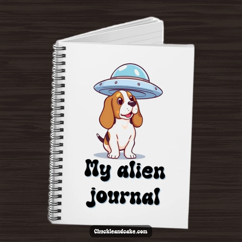 Funny Basset Hound UFO Notebook featuring a dog looking at a saucer, great for jotting down alien theories and notes.