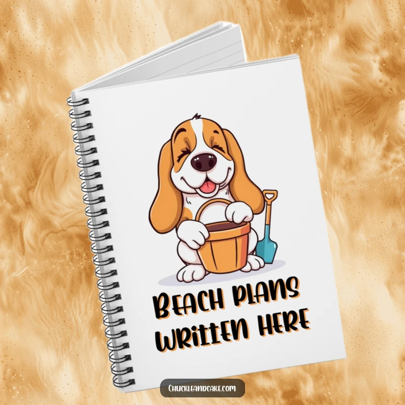Funny Basset Hound winking with bucket and spade, ready for beach fun, featured on a notebook cover.