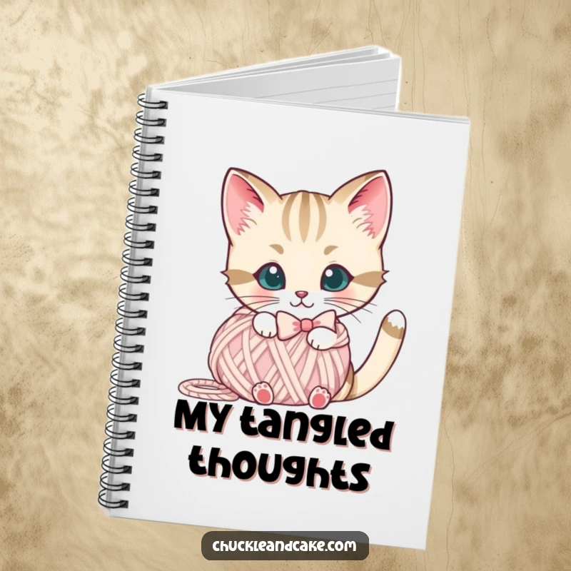Funny Bobtail cat notebook featuring a cute cat with a bow peeking from behind a yarn ball, perfect for journaling.