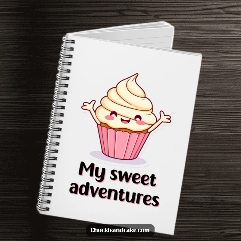Funny notebook cover with a happy, stylized cupcake spinning merrily with outstretched frosting arms.