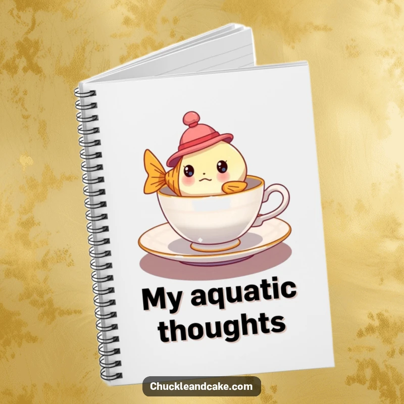 Funny bewildered fish wearing a hat floating in a teacup on a notebook cover, perfect for cute and funny note-taking.