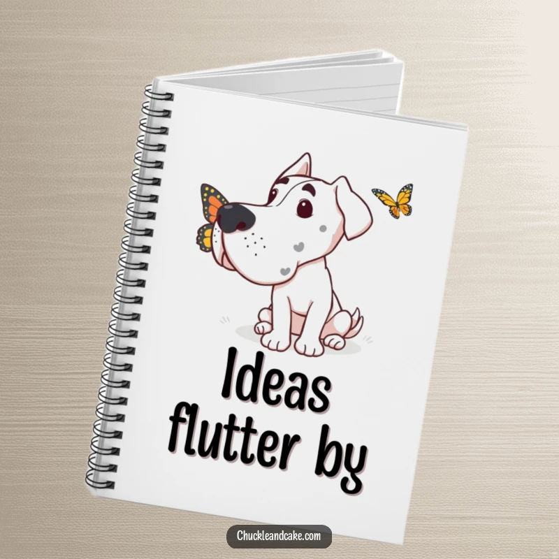 Funny Grand Dane notebook showing a dog looking with gentle curiosity at a small butterfly fluttering past.