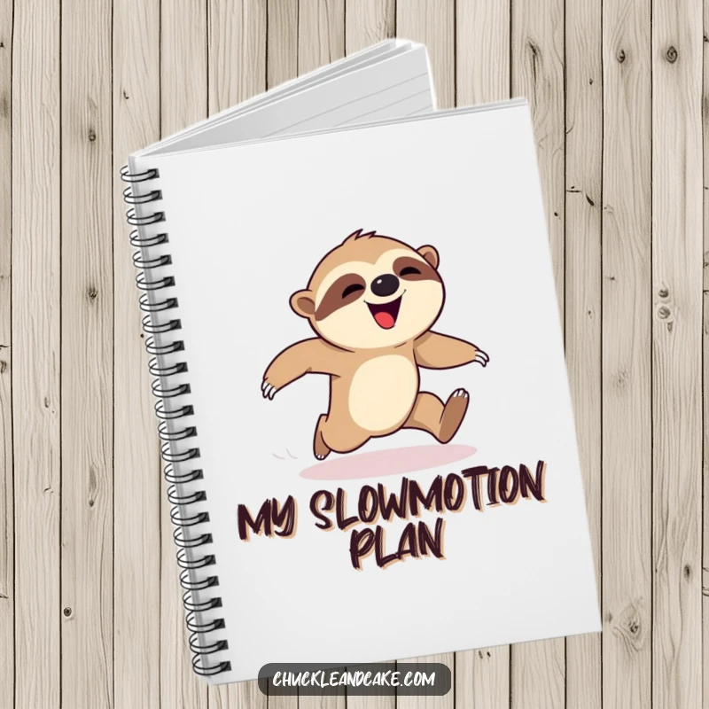 Funny sloth notebook, spiral-bound journal with a happy sloth falling during a race, cute stationery, humorous writing tool, ideal funny gift.