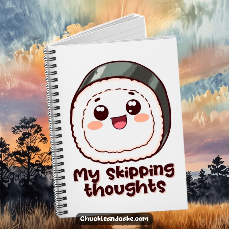Funny notebook cover featuring a happy sushi slice with googly eyes, skipping with glee, perfect for jotting down thoughts humorously.