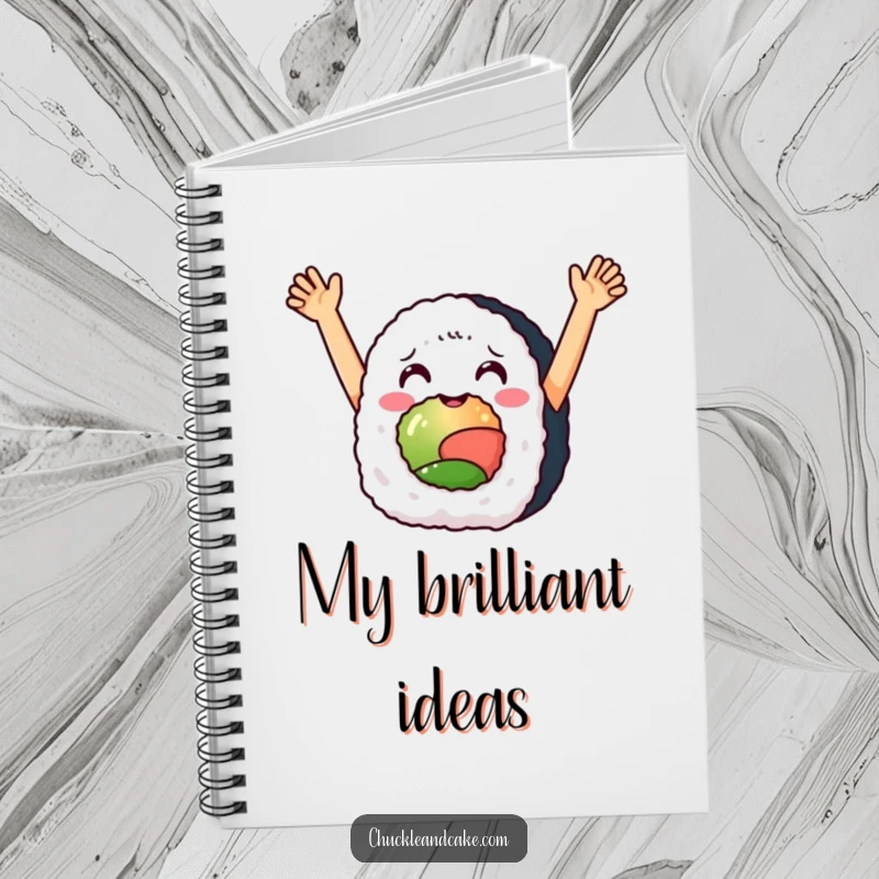 Funny notebook with a delighted sushi roll raising its arms in celebration, inspiring joyful note-taking.