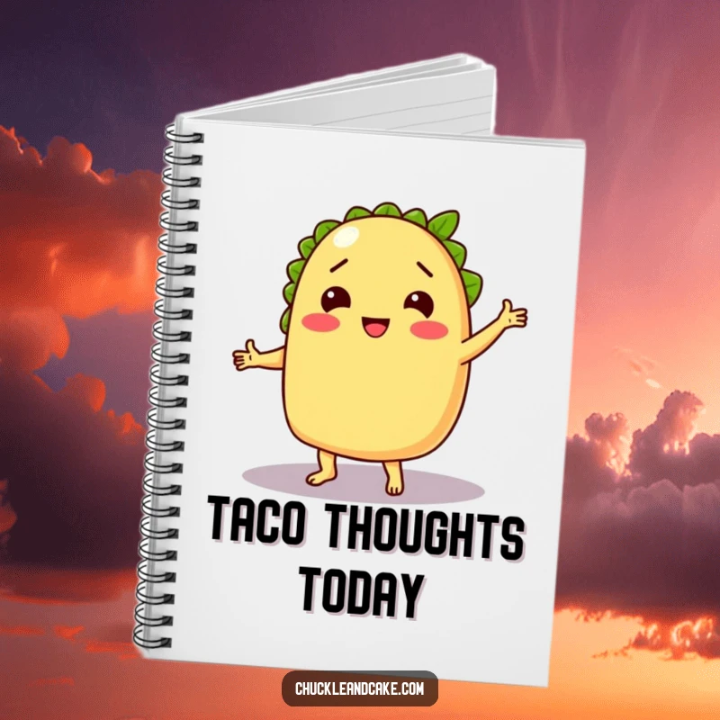Funny notebook with a chuckling taco dancing with a lime, ideal for jotting down notes with festive, humorous flair.