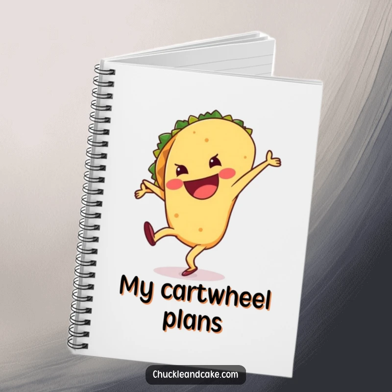 Funny notebook cover featuring a grinning taco performing a lively cartwheel, perfect for jotting down thoughts with edible humor.